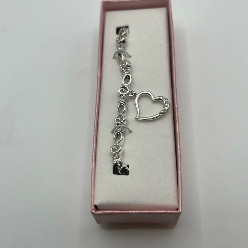 Avon Silvertone Heart Charm Tennis Bracelet with Gift box